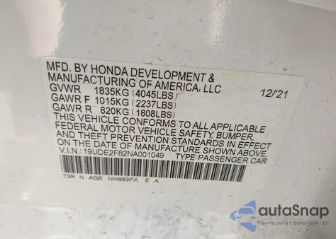 2022 Acura Ilx Premium A-Spec Packages/Technology A-Spec Packages from USA, damaged, VIN 19UDE2F82NA001049